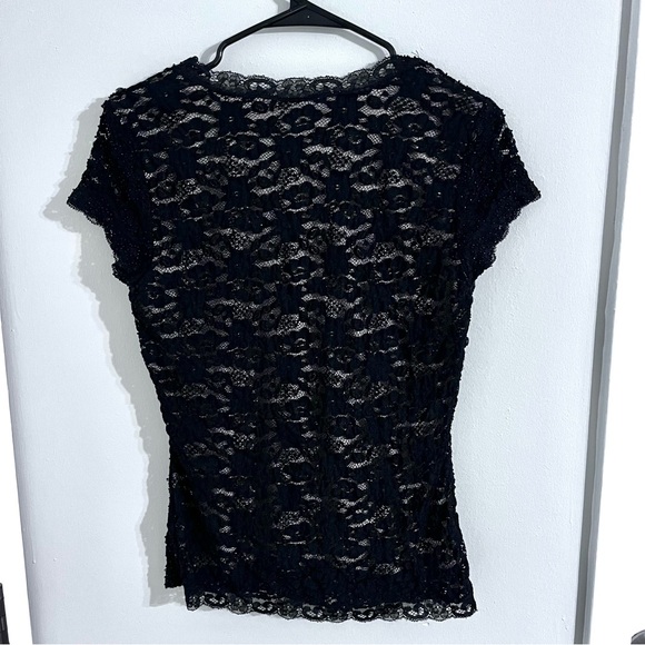 Ann Taylor - black/tan beaded v neck lace trim short sleeve top - Picture 5 of 8